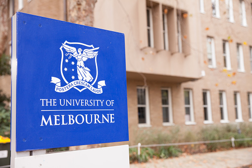 Melbourne, Australia - June 19, 2016: Melbourne University is the premier tertiary institution in Melbourne, Australia. Here is the sign at the main entrance. No people.