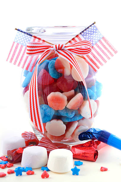happy fourth of july candy jar. - flag glass striped fourth of july imagens e fotografias de stock
