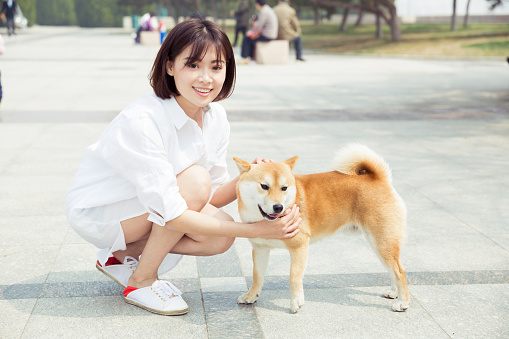 pretty chinese girl on the streets stroking her pet dog