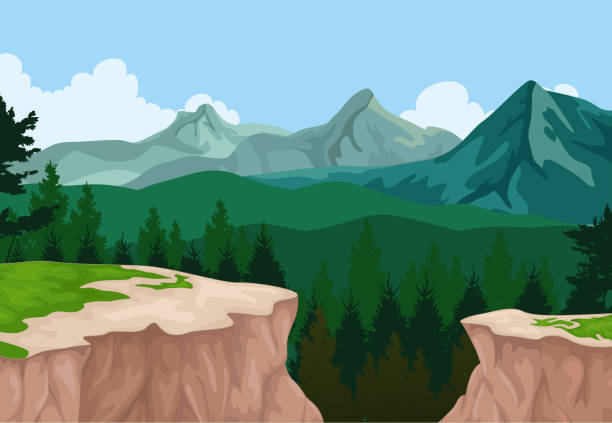 ilustraciones, imágenes clip art, dibujos animados e iconos de stock de lago de belleza con fondo de paisaje acantilado de montaña - cliff