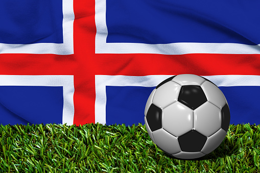 3D rendered soccer ball in grass field with Iceland flag as Background