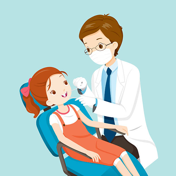 illustrazioni stock, clip art, cartoni animati e icone di tendenza di dentista dentale e graziosa ragazza sulla sedia - human teeth dental hygiene dentist office human mouth