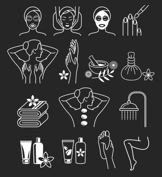 illustrations, cliparts, dessins animés et icônes de spa massages soins de la peau cosmétiques icônes & des services. - massage therapist illustrations