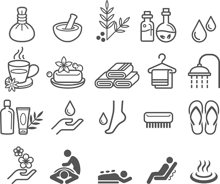 Spa massage therapy cosmetics icons. 