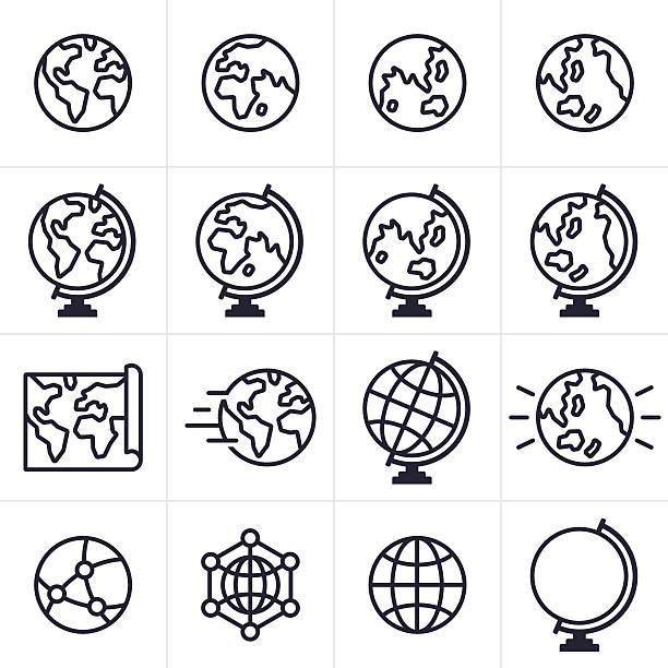 erde globus und symbole - world stock-grafiken, -clipart, -cartoons und -symbole