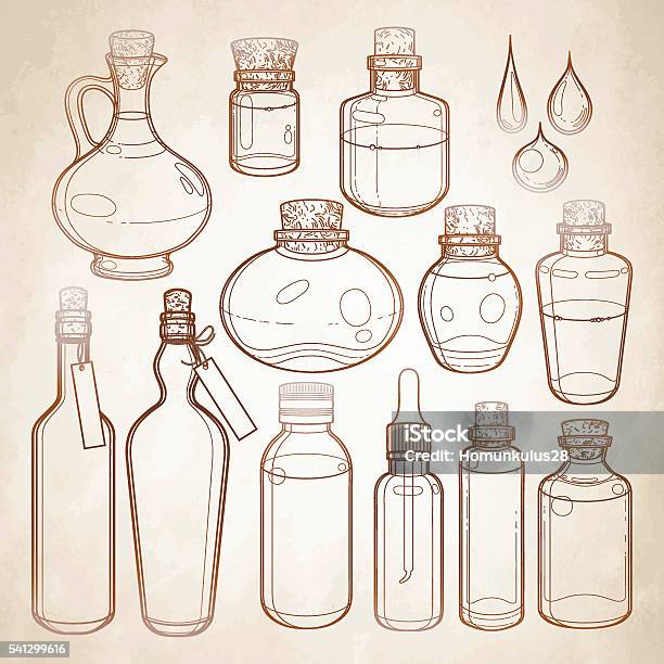 Graphic Collection Of Glass Bottles Stock Illustration - Download Image Now - Bottle, Herbal Medicine, Medicine