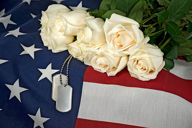 white rose bouquet military dog tags on flag Military dog tags and white rose bouquet on American flag. american flag flowers stock pictures, royalty-free photos & images