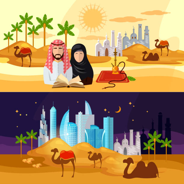 伝統と文化のイスラム教の国でのバナー - united arab emirates middle eastern ethnicity men camel点のイラスト素材／クリップアート素材／マンガ素材／アイコン素材