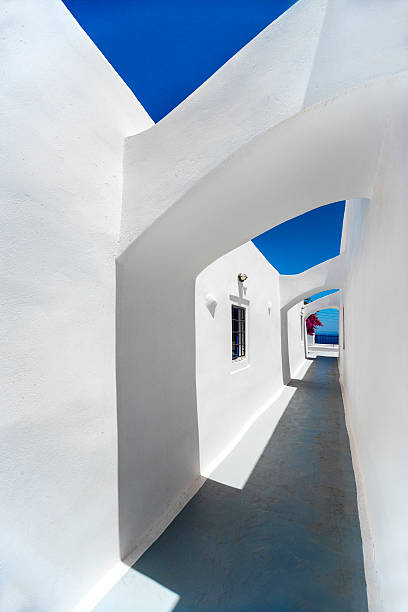 Oia town on Santorini island, Greece. Traditional and famous houses and churches with blue domes over the Caldera, Aegean sea