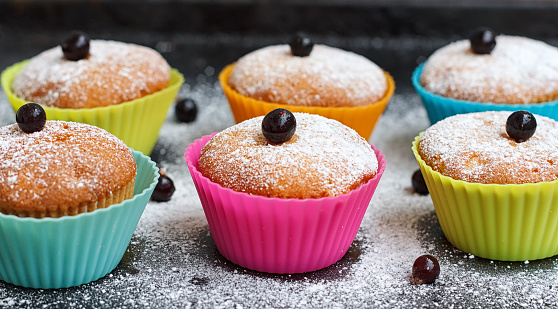 Muffins with black currant in silicone forms sprinkled with powdered sugar