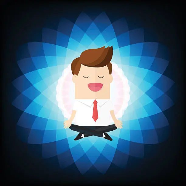 Vector illustration of businessman relaxing by closed eyes doing yoga and meditating