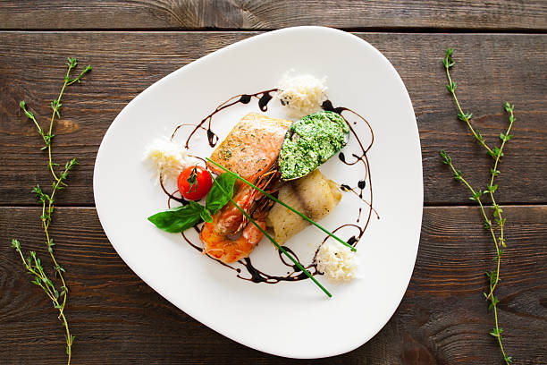 istock Seafood variety on white plate flat lay 541305036