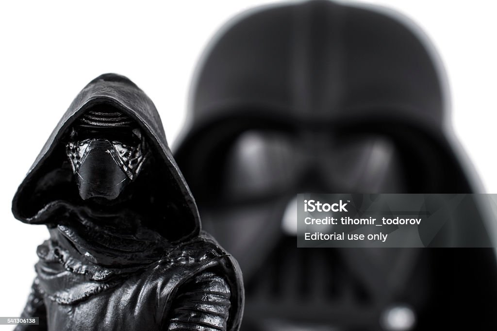 Kylo Ren portrait with Darth Vader on the back Varna, Bulgaria - June 14, 2016: Close up photo of Kylo Ren and Darth Vader action figures by Disney Store Toys. Darth Vader Stock Photo