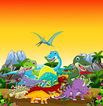 Funny Dinosaur Cartoon With Forest Landscape Background Stock Illustration  - Download Image Now - iStock