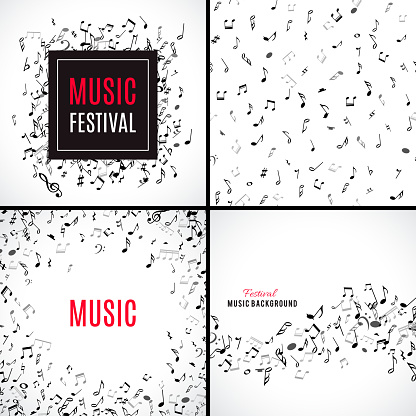 Abstract musical patterns with black notes on white background. Set vector Illustration for music design. Modern pop  collection concept art melody banner. Sound key decoration with music symbol sign.