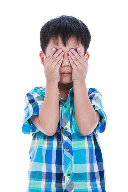 istock Asian boy covering his eye. Isolated on white background. 541307932