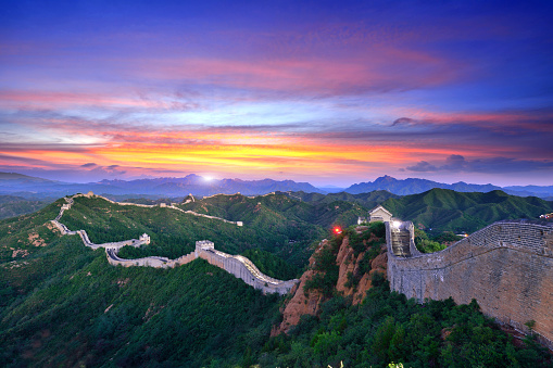 The great wall of China at sunset. 