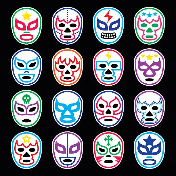 Vector illustration of Lucha Libre Mexican wrestling masks icons on black
