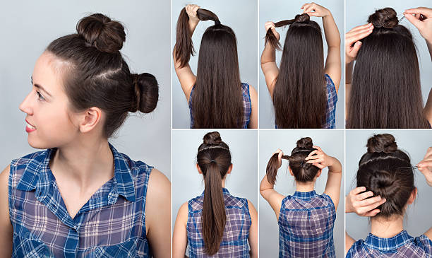 Hairstyle Two Bun Tutorial Stock Photo - Download Image Now - Hair Bun, Two  Objects, Activity - iStock