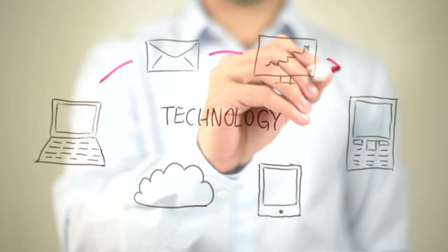Technology, Concept,  Man writing on transparent screen
