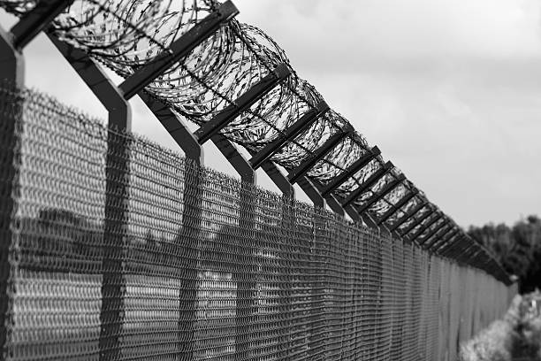 cerca de arame farpado de uma área restrita, preto e branco - barbed wire wire isolated nobody - fotografias e filmes do acervo