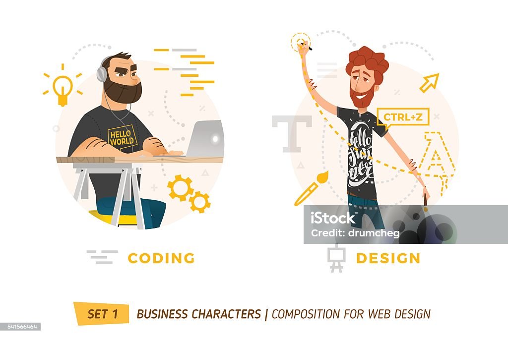 Business characters in circle. Design Elements For Web Construction. Business Theme in Cartoon Style Computer Programmer stock vector