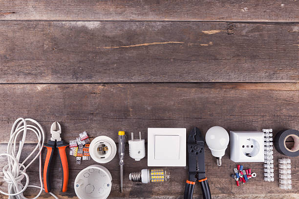 istock electrical tools and equipment on wooden background with copy space 541569488