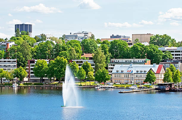 Lappeenranta. Finland. Fountain on Saimaa Lake Lappeenranta, Finland - June 15, 2016:  Summer landscape with fountain and boats in Lappeenranta Harbor on Saima Lake. View from Linnoitus Fortress lappeenranta stock pictures, royalty-free photos & images