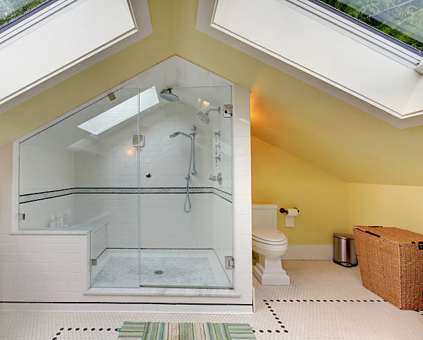 istock Modern bathroom upstairs with large shower and vaulted ceiling. 541571116