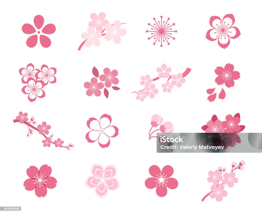 Conjunto de iconos de vector sakura japonés en flor de cerezo - arte vectorial de Flor de cerezo libre de derechos