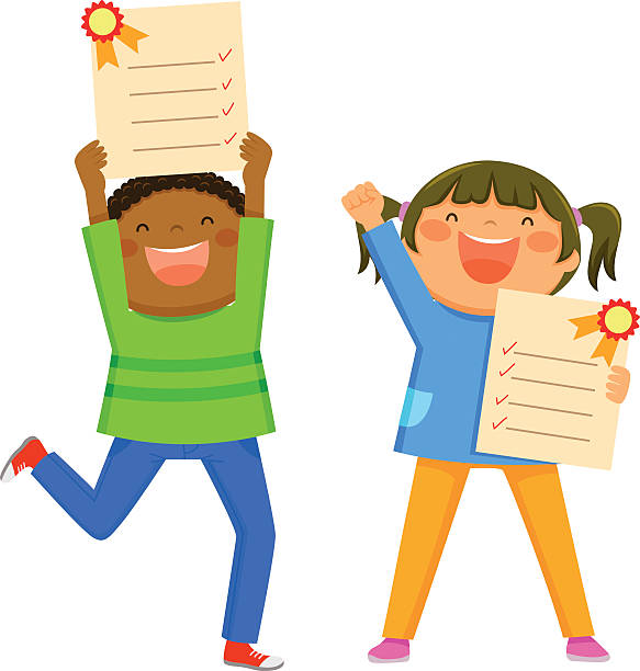 дети с докладе карты - students exam results stock illustrations