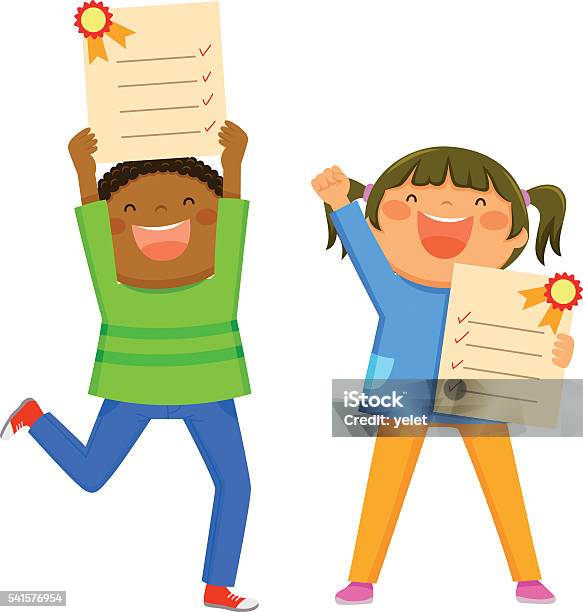 Kids With Report Cards Stock Illustration - Download Image Now - Report Card, Positive Emotion, Educational Test Results