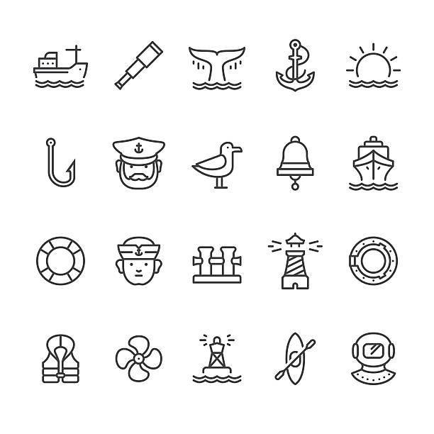 morskie wektor ikony tematu i harbor - nautical vessel buoy passenger ship computer icon stock illustrations
