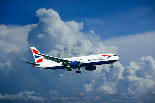 Larnaca, Cyprus - May 22, 2016: British Airways Airbus A320 landing at Larnaca International Airport