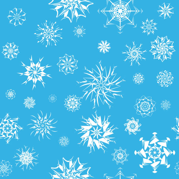 элегантные белые снежинки различных сти�лей изолированные на голубом фоне. - invitation decoration frost placard stock illustrations