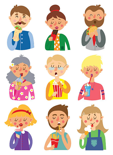 People eat fast food Set of colorful cartoon. People eat fast food tomato face stock illustrations
