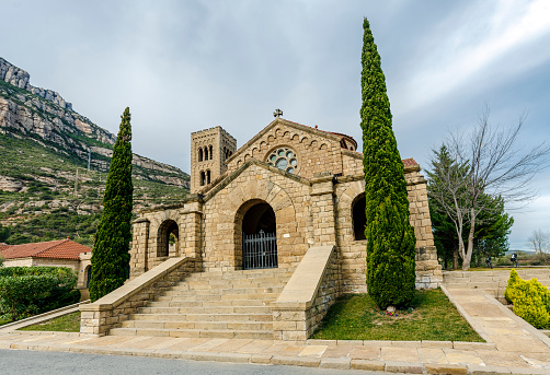 Church of the Mare de Deu del Roser, Our Lady of rosary, Neo-Romanesque cultural heritage and place of worship. Monistrol de Montserrat, Province of Barcelona Spain