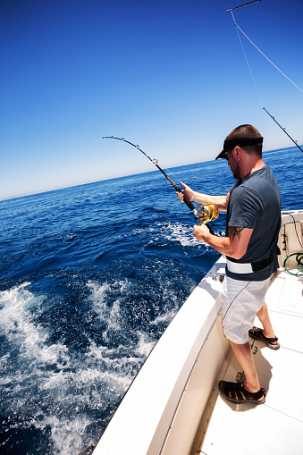 Man on an ocean going fishing boat fighting a large Mahi Mahi fish.