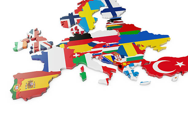 europa mappa con bandiere - belgium map flag three dimensional shape foto e immagini stock