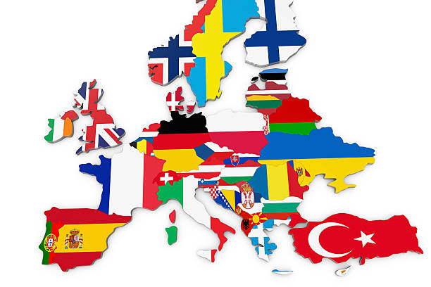 europa mappa con bandiere - belgium map flag three dimensional shape foto e immagini stock