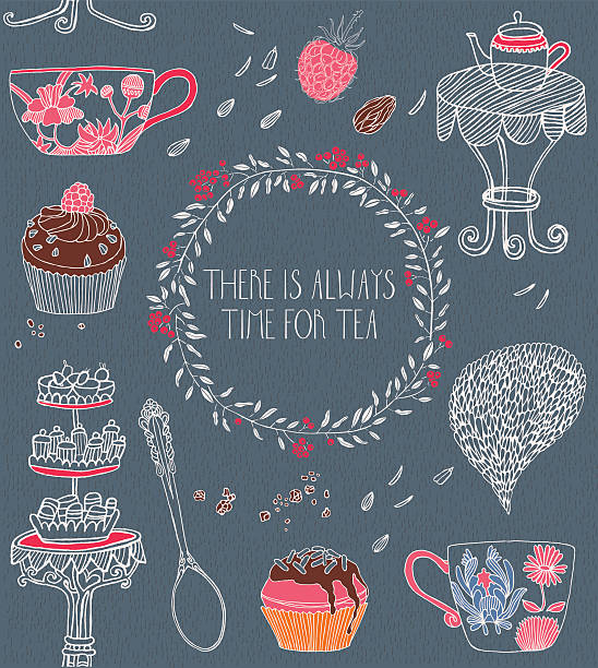 ilustrações, clipart, desenhos animados e ícones de chá marca de design. cartão de felicitação. - tea party illustrations