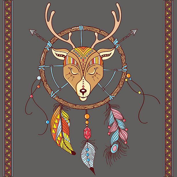 dream catcher with deer dream catcher with deer . boho style. totem animal symbol north american tribal culture bead feather stock illustrations