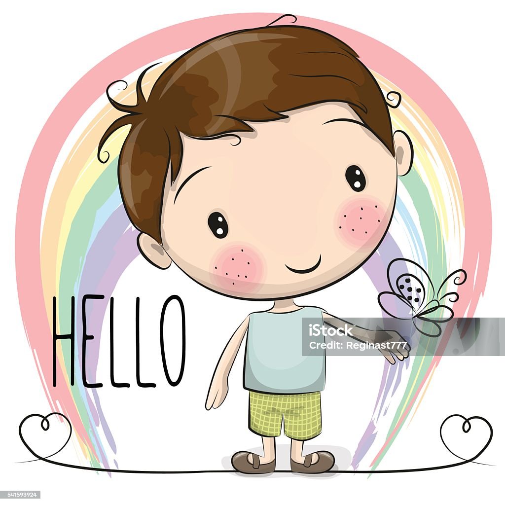 Cute Cartoon Boy Cute Cartoon Boy with a rainbow and butterfly Boys stock vector