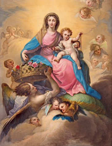 Segovia, Spain - April 14, 2016: Segovia - The painting Madonna with the Child among the angels by Don Ramon Bayeu (1789)  in Cathedral of Our Lady of Assumption and Chapel Our Lady of Rosary.