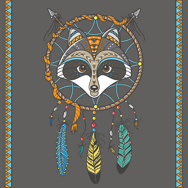 dream catcher with raccoon dream catcher with raccoon. boho style. totem animal symbol north american tribal culture bead feather stock illustrations