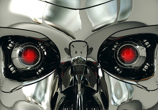 Red robotic eyeballs and robot skull in, cybernetic technology stock photo