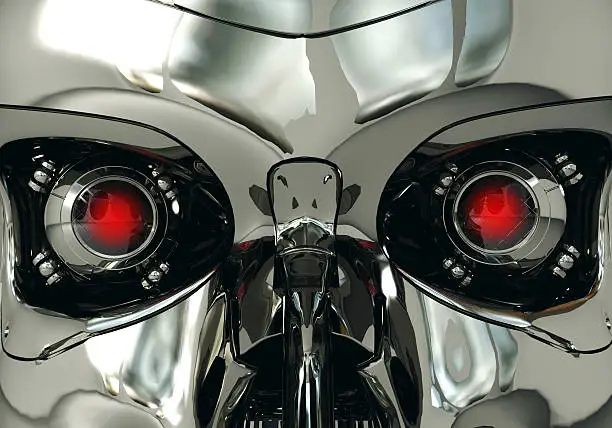 Red robotic eyeballs and robot skull in metallic surface, cybernetic technology, 3D rendering