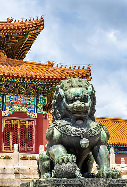 Bronze lion near the Hall of Supreme Harmony - Beijing Bronze lion in front of the Hall of Supreme Harmony in Beijing Forbidden City, China fang xiang stock pictures, royalty-free photos & images