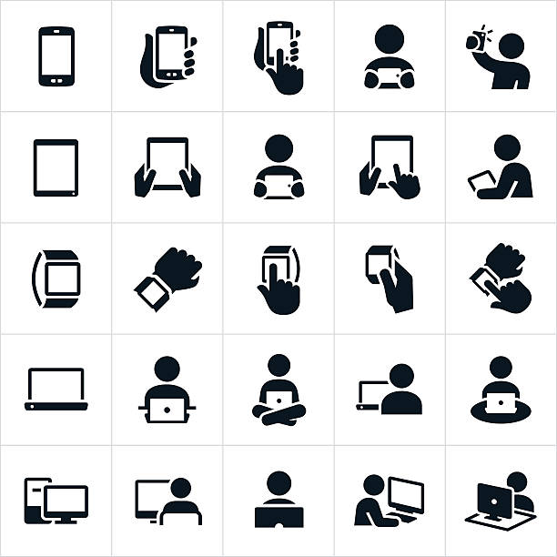 Mobile Devices and Computers Icons An icon set of mobile devices and computers. The icons also include several instances of people using and interacting with the devices and computers. They include smartphones, tablets, smartwatches, laptop and desktop computers. ipad hand stock illustrations