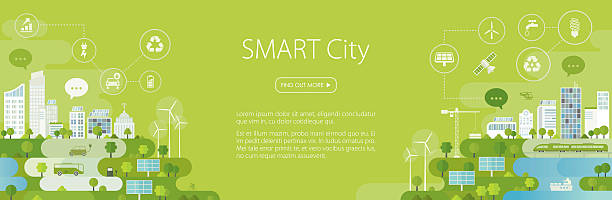 Smart City Banner Smart city banner template with icons set. Nicely layered. wind farm sea stock illustrations